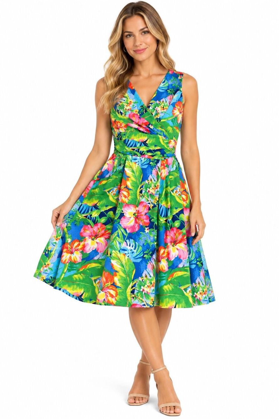 Lauren Ralph Lauren Tropical Hibiscus Floral Surplice Fit & Flare Dress Size 6